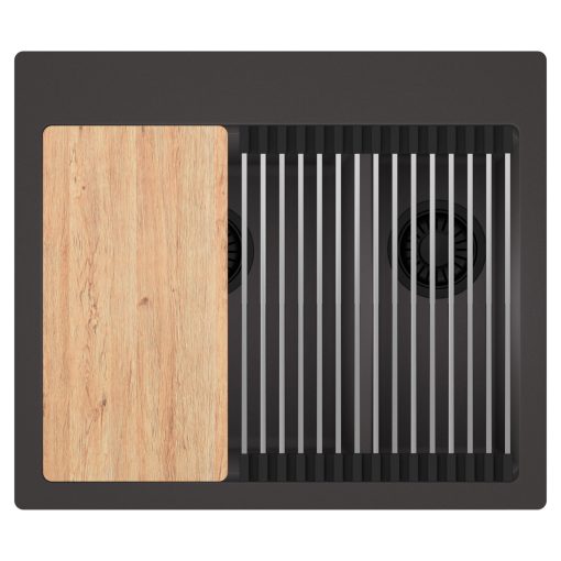 HD Aspen Antracit 58 kétmedencés gránit mosogatótálca szett, vágódeszkával, acél csepegtetőráccsal, matt antracit színben, matt fekete leeresztő szifonnal