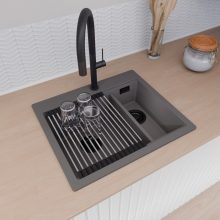 HD Aspen Antracit 58 kétmedencés gránit mosogatótálca szett, vágódeszkával, acél csepegtetőráccsal, matt antracit színben, matt fekete leeresztő szifonnal