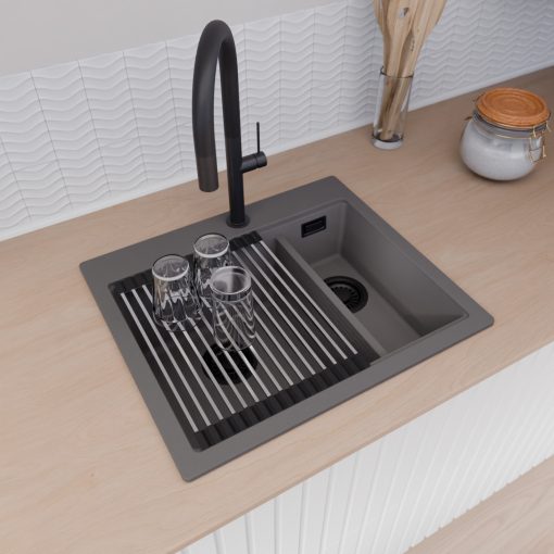 HD Aspen Antracit 58 kétmedencés gránit mosogatótálca szett, vágódeszkával, acél csepegtetőráccsal, matt antracit színben, matt fekete leeresztő szifonnal
