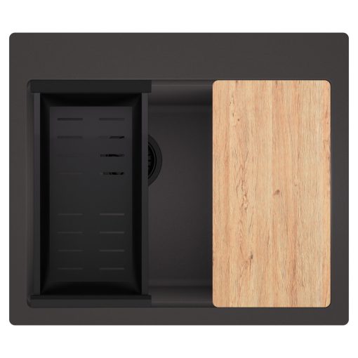 HD Aspen Antracit 58 kétmedencés gránit mosogatótálca szett, vágódeszkával, matt fekete csepegtetőkosárral, matt antracit színben, matt fekete leeresztő szifonnal