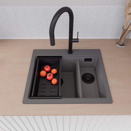 HD Aspen Antracit 58 kétmedencés gránit mosogatótálca szett, vágódeszkával, matt fekete csepegtetőkosárral, matt antracit színben, matt fekete leeresztő szifonnal