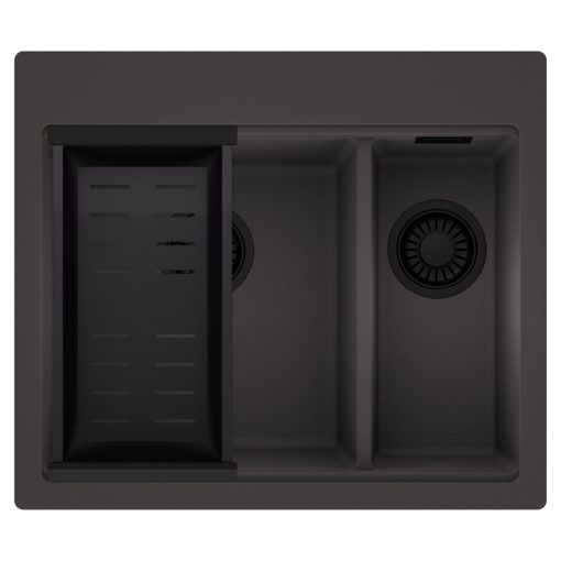 HD Aspen Antracit 58 kétmedencés gránit mosogatótálca szett, matt fekete csepegtetőkosárral, matt antracit színben, matt fekete leeresztő szifonnal