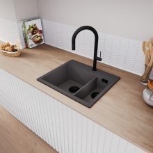 HD Aspen Antracit 58 kétmedencés gránit mosogatótálca, matt antracit színben, matt fekete leeresztő szifonnal