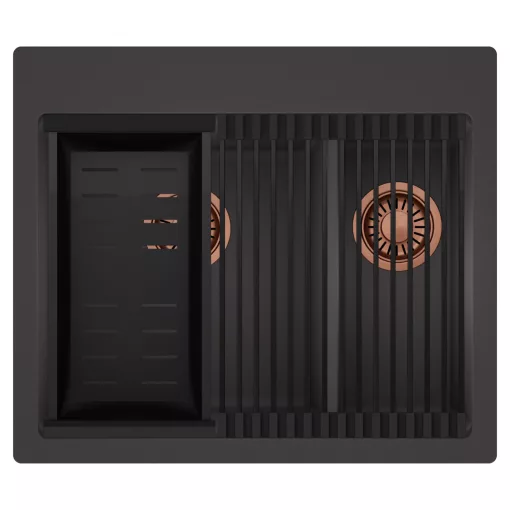 HD Aspen Antracit 58 kétmedencés gránit mosogatótálca szett, matt fekete csepegtetőráccsal és kosárral, matt antracit színben, szálcsiszolt réz leeresztő szifonnal