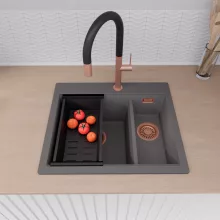HD Aspen Antracit 58 kétmedencés gránit mosogatótálca szett, matt fekete csepegtetőráccsal és kosárral, matt antracit színben, szálcsiszolt réz leeresztő szifonnal