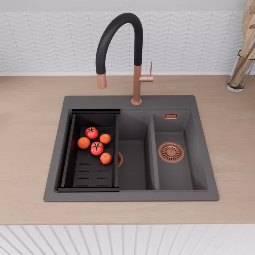 HD Aspen Antracit 58 kétmedencés gránit mosogatótálca szett, matt fekete csepegtetőráccsal és kosárral, matt antracit színben, szálcsiszolt réz leeresztő szifonnal