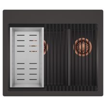 HD Aspen Antracit 58 kétmedencés gránit mosogatótálca szett, matt fekete csepegtetőráccsal és krómozott kosárral, matt antracit színben, szálcsiszolt réz leeresztő szifonnal