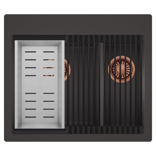 HD Aspen Antracit 58 kétmedencés gránit mosogatótálca szett, matt fekete csepegtetőráccsal és krómozott kosárral, matt antracit színben, szálcsiszolt réz leeresztő szifonnal