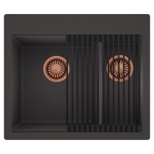 HD Aspen Antracit 58 kétmedencés gránit mosogatótálca szett, matt fekete csepegtetőráccsal, matt antracit színben, szálcsiszolt réz leeresztő szifonnal
