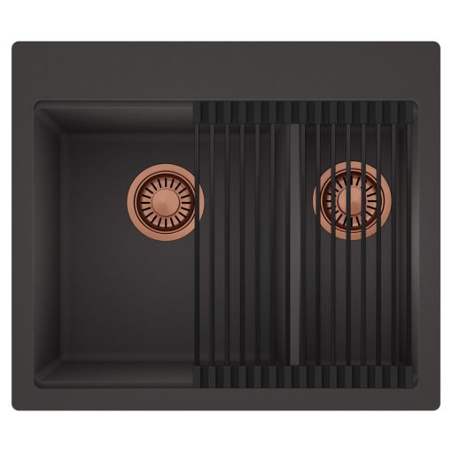 HD Aspen Antracit 58 kétmedencés gránit mosogatótálca szett, matt fekete csepegtetőráccsal, matt antracit színben, szálcsiszolt réz leeresztő szifonnal