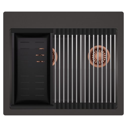 HD Aspen Antracit 58 kétmedencés gránit mosogatótálca szett, acél csepegtetőráccsal és matt fekete kosárral, matt antracit színben, szálcsiszolt réz leeresztő szifonnal