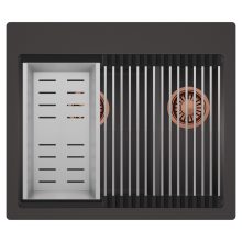 HD Aspen Antracit 58 kétmedencés gránit mosogatótálca szett, acél csepegtetőráccsal és kosárral, matt antracit színben, szálcsiszolt réz leeresztő szifonnal