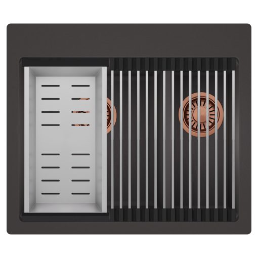 HD Aspen Antracit 58 kétmedencés gránit mosogatótálca szett, acél csepegtetőráccsal és kosárral, matt antracit színben, szálcsiszolt réz leeresztő szifonnal