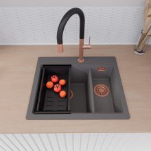 HD Aspen Antracit 58 kétmedencés gránit mosogatótálca szett, vágódeszkával, matt fekete csepegtetőráccsal és kosárral, matt antracit színben, szálcsiszolt réz leeresztő szifonnal