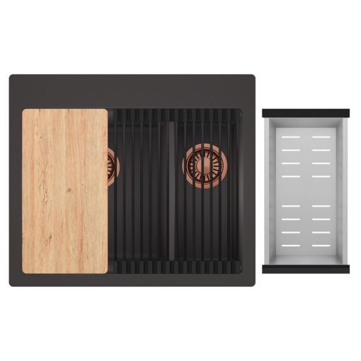 HD Aspen Antracit 58 kétmedencés gránit mosogatótálca szett, vágódeszkával, matt fekete csepegtetőráccsal és krómozott kosárral, matt antracit színben, szálcsiszolt réz leeresztő szifonnal