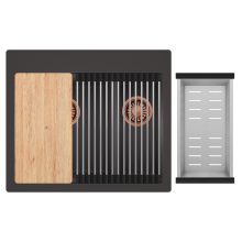 HD Aspen Antracit 58 kétmedencés gránit mosogatótálca szett, vágódeszkával, acél csepegtetőráccsal és kosárral, matt antracit színben, szálcsiszolt réz leeresztő szifonnal