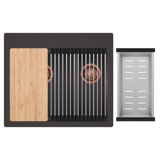 HD Aspen Antracit 58 kétmedencés gránit mosogatótálca szett, vágódeszkával, acél csepegtetőráccsal és kosárral, matt antracit színben, szálcsiszolt réz leeresztő szifonnal
