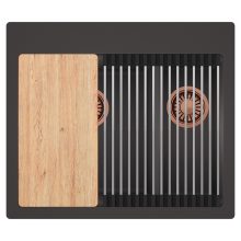 HD Aspen Antracit 58 kétmedencés gránit mosogatótálca szett, vágódeszkával, acél csepegtetőráccsal, matt antracit színben, szálcsiszolt réz leeresztő szifonnal