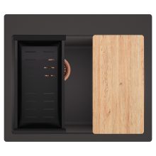 HD Aspen Antracit 58 kétmedencés gránit mosogatótálca szett, vágódeszkával, matt fekete csepegtetőkosárral, matt antracit színben, szálcsiszolt réz leeresztő szifonnal