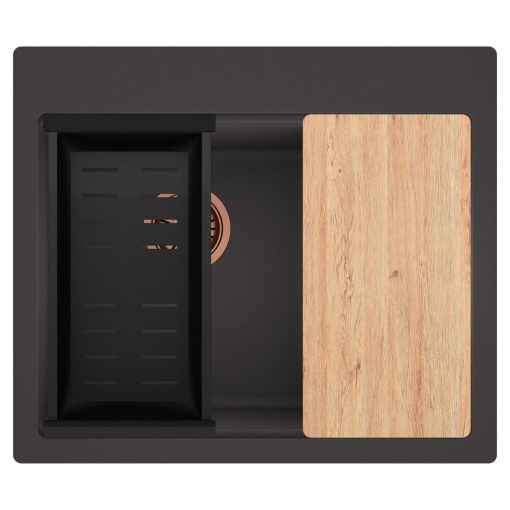 HD Aspen Antracit 58 kétmedencés gránit mosogatótálca szett, vágódeszkával, matt fekete csepegtetőkosárral, matt antracit színben, szálcsiszolt réz leeresztő szifonnal