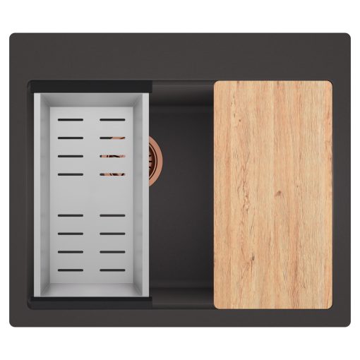 HD Aspen Antracit 58 kétmedencés gránit mosogatótálca szett, vágódeszkával, acél csepegtetőkosárral, matt antracit színben, szálcsiszolt réz leeresztő szifonnal