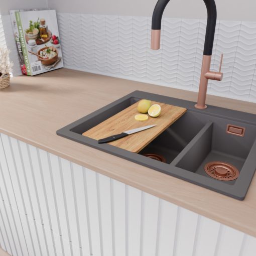 HD Aspen Antracit 58 kétmedencés gránit mosogatótálca szett, vágódeszkával, acél csepegtetőkosárral, matt antracit színben, szálcsiszolt réz leeresztő szifonnal