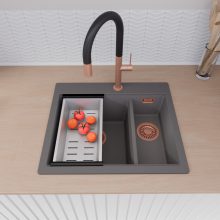 HD Aspen Antracit 58 kétmedencés gránit mosogatótálca szett, vágódeszkával, acél csepegtetőkosárral, matt antracit színben, szálcsiszolt réz leeresztő szifonnal