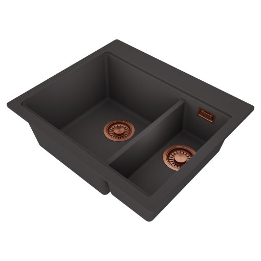HD Aspen Antracit 58 kétmedencés gránit mosogatótálca, vágódeszkával, matt antracit színben, szálcsiszolt réz leeresztő szifonnal