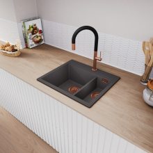 HD Aspen Antracit 58 kétmedencés gránit mosogatótálca, vágódeszkával, matt antracit színben, szálcsiszolt réz leeresztő szifonnal