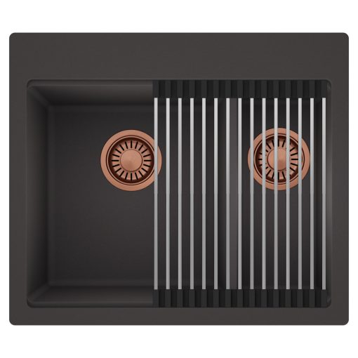 HD Aspen Antracit 58 kétmedencés gránit mosogatótálca szett, acél csepegtetőráccsal, matt antracit színben, szálcsiszolt réz leeresztő szifonnal