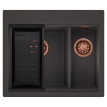 HD Aspen Antracit 58 kétmedencés gránit mosogatótálca szett, matt fekete csepegtetőkosárral, matt antracit színben, szálcsiszolt réz leeresztő szifonnal