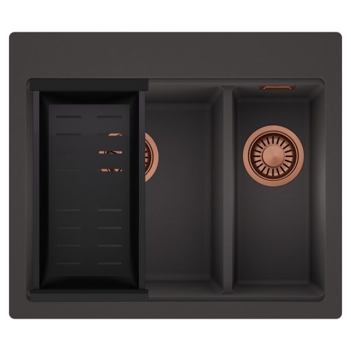 HD Aspen Antracit 58 kétmedencés gránit mosogatótálca szett, matt fekete csepegtetőkosárral, matt antracit színben, szálcsiszolt réz leeresztő szifonnal