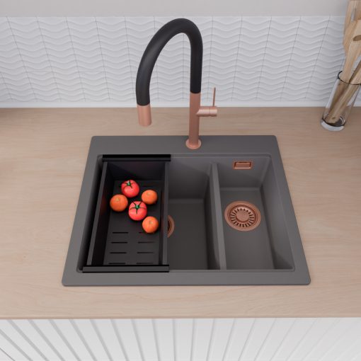 HD Aspen Antracit 58 kétmedencés gránit mosogatótálca szett, matt fekete csepegtetőkosárral, matt antracit színben, szálcsiszolt réz leeresztő szifonnal