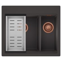 HD Aspen Antracit 58 kétmedencés gránit mosogatótálca szett, acél csepegtetőkosárral, matt antracit színben, szálcsiszolt réz leeresztő szifonnal