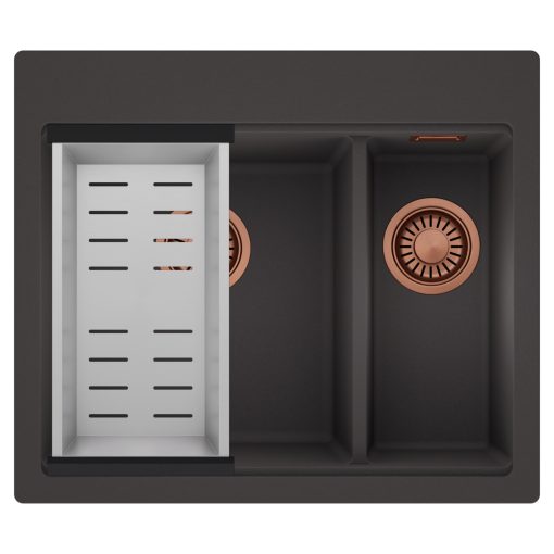HD Aspen Antracit 58 kétmedencés gránit mosogatótálca szett, acél csepegtetőkosárral, matt antracit színben, szálcsiszolt réz leeresztő szifonnal