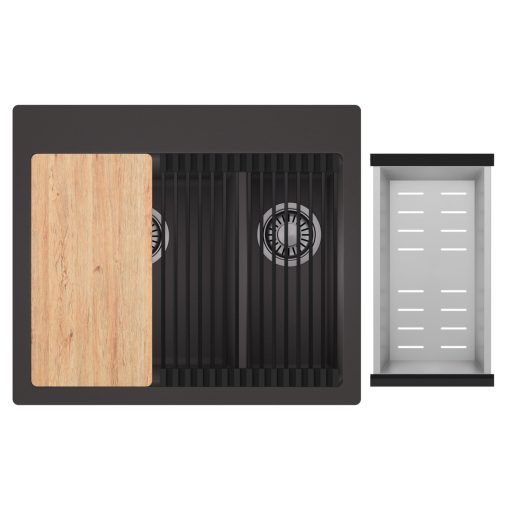 HD Aspen Antracit 58 kétmedencés gránit mosogatótálca szett, vágódeszkával, matt fekete csepegtetőráccsal és krómozott kosárral, matt antracit színben