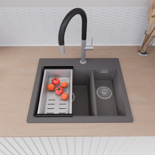 HD Aspen Antracit 58 kétmedencés gránit mosogatótálca szett, vágódeszkával, matt fekete csepegtetőráccsal és krómozott kosárral, matt antracit színben