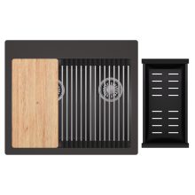 HD Aspen Antracit 58 kétmedencés gránit mosogatótálca szett, vágódeszkával, acél csepegtetőráccsal és matt fekete kosárral, matt antracit színben