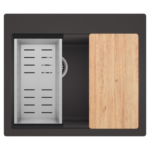 HD Aspen Antracit 58 kétmedencés gránit mosogatótálca szett, vágódeszkával, acél csepegtetőkosárral, matt antracit színben