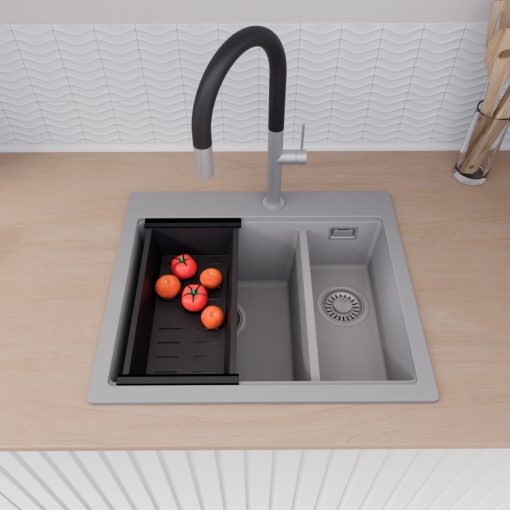 HD Aspen Grey 58 kétmedencés gránit mosogatótálca szett, matt fekete csepegtetőráccsal és kosárral, alpesi szürke színben, szálcsiszolt króm leeresztő szifonnal