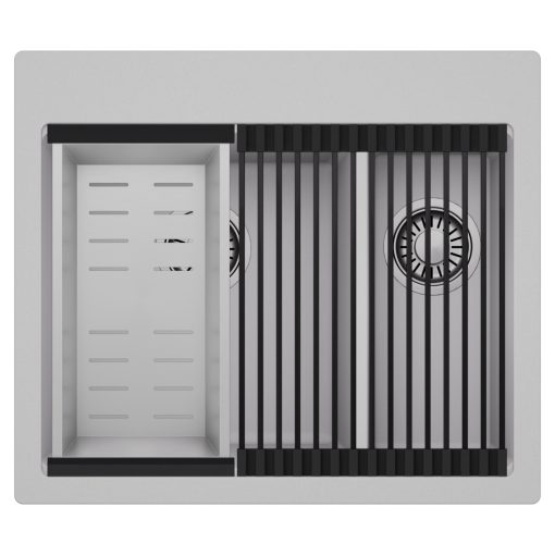 HD Aspen Grey 58 kétmedencés gránit mosogatótálca szett, matt fekete csepegtetőráccsal és krómozott kosárral, alpesi szürke színben, szálcsiszolt króm leeresztő szifonnal