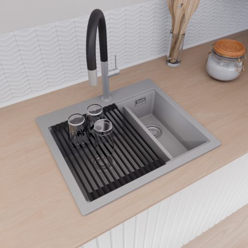 HD Aspen Grey 58 kétmedencés gránit mosogatótálca szett, matt fekete csepegtetőráccsal és krómozott kosárral, alpesi szürke színben, szálcsiszolt króm leeresztő szifonnal