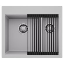 HD Aspen Grey 58 kétmedencés gránit mosogatótálca szett, matt fekete csepegtetőráccsal, alpesi szürke színben, szálcsiszolt króm leeresztő szifonnal