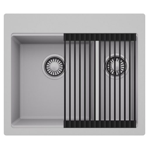 HD Aspen Grey 58 kétmedencés gránit mosogatótálca szett, matt fekete csepegtetőráccsal, alpesi szürke színben, szálcsiszolt króm leeresztő szifonnal