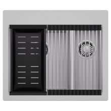 HD Aspen Grey 58 kétmedencés gránit mosogatótálca szett, acél csepegtetőráccsal és matt fekete kosárral, alpesi szürke színben, szálcsiszolt króm leeresztő szifonnal