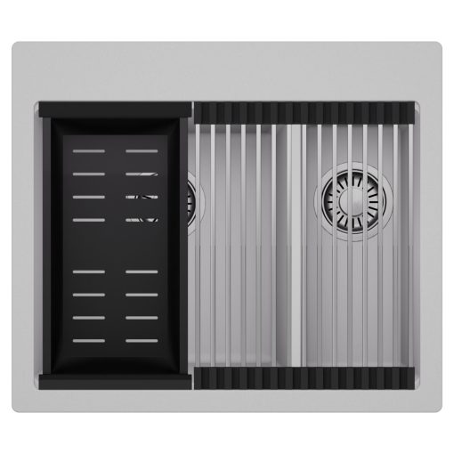 HD Aspen Grey 58 kétmedencés gránit mosogatótálca szett, acél csepegtetőráccsal és matt fekete kosárral, alpesi szürke színben, szálcsiszolt króm leeresztő szifonnal