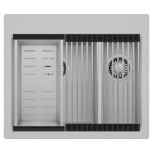 HD Aspen Grey 58 kétmedencés gránit mosogatótálca szett, acél csepegtetőráccsal és kosárral, alpesi szürke színben, szálcsiszolt króm leeresztő szifonnal