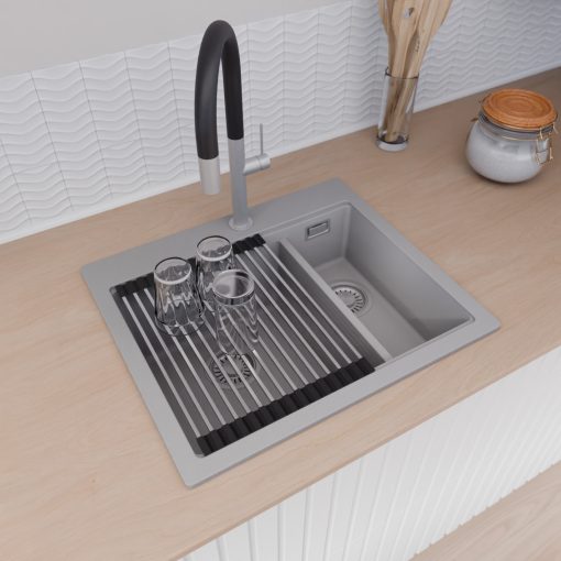 HD Aspen Grey 58 kétmedencés gránit mosogatótálca szett, acél csepegtetőráccsal és kosárral, alpesi szürke színben, szálcsiszolt króm leeresztő szifonnal