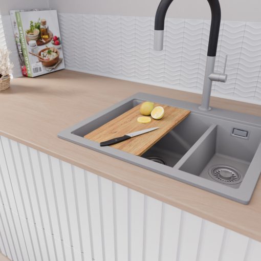 HD Aspen Grey 58 kétmedencés gránit mosogatótálca szett, vágódeszkával, matt fekete csepegtetőráccsal és kosárral, alpesi szürke színben, szálcsiszolt króm leeresztő szifonnal