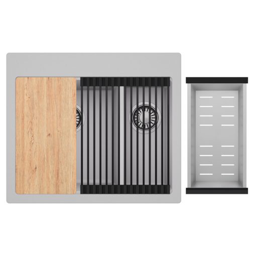 HD Aspen Grey 58 kétmedencés gránit mosogatótálca szett, vágódeszkával, matt fekete csepegtetőráccsal és krómozott kosárral, alpesi szürke színben, szálcsiszolt króm leeresztő szifonnal